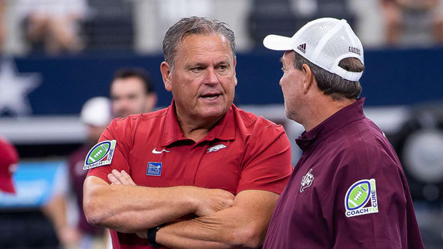 Razorbacks Sam Pittman, Texas A&M coach Jimbo Fisher before game in 2021.